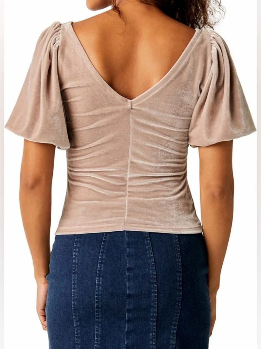 FREE PEOPLE Cupcake Velvet Top-Size XS-Cashmere Color V-Neck Puff Sleeve-NWT